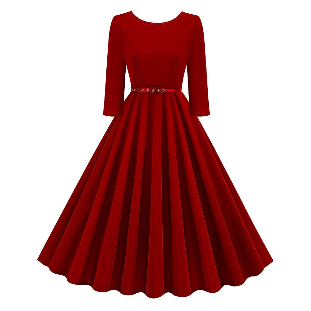 Women's 1950s Solid Color Round Neck 3/4 Sleeve Flare Dress