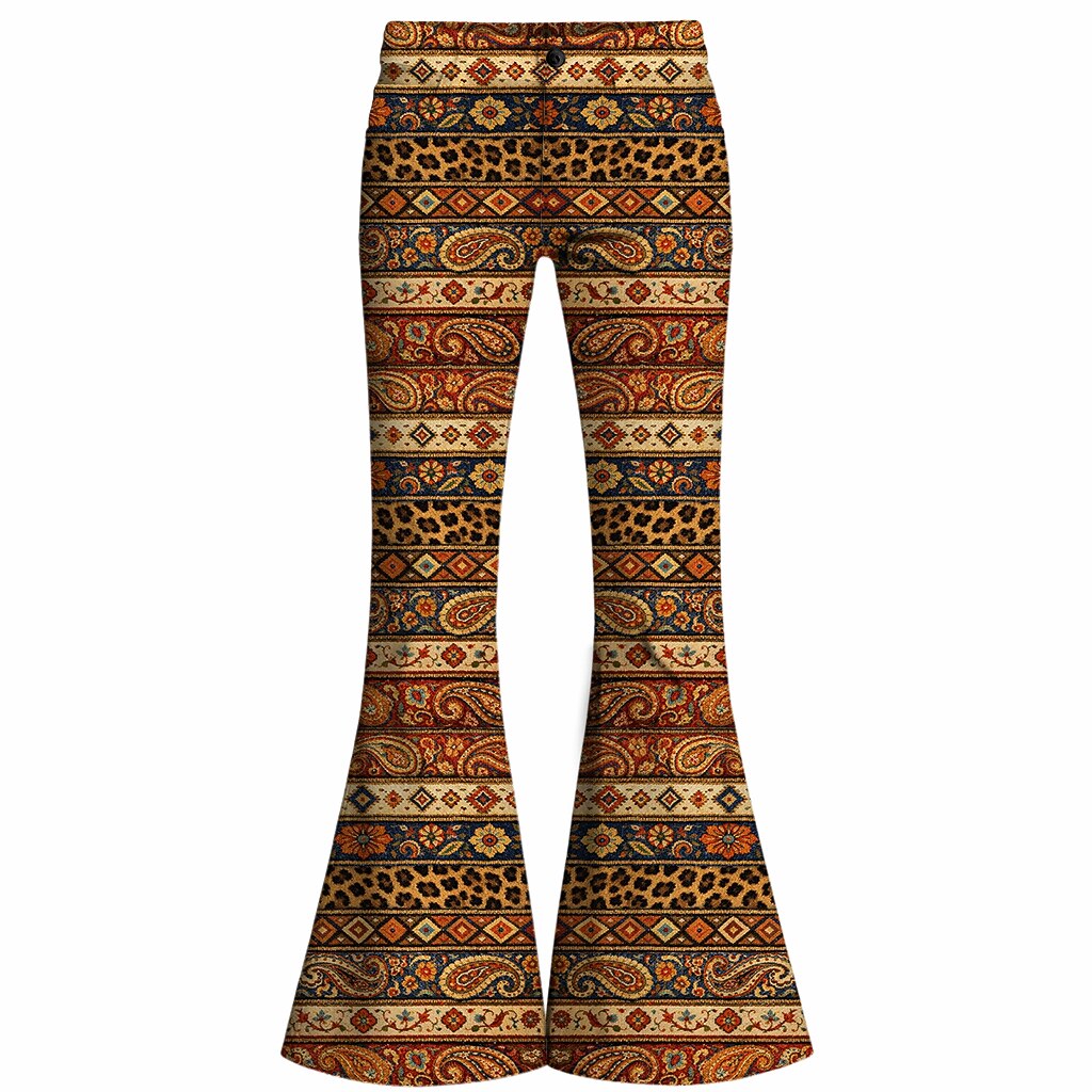 Retro 70s Boho Paisley Geometric High Waist Wide Flared Trousers