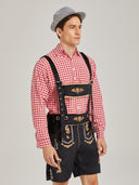 Men's Oktoberfest Lederhosen Costume with Pink Shirt, Hat & Knee Socks Set