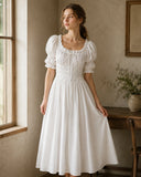 White Cotton Cottagecore Peasant Dress
