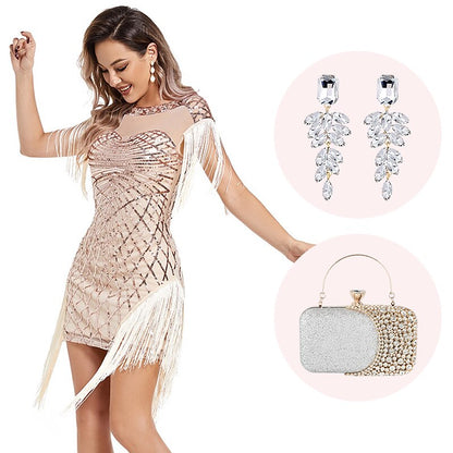 Geometric Art Deco Flapper Sequin Dress with Accessories Set