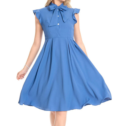 Women's 1950s Bow Tie Neck Ruffle Cap Sleeve Pleated Swing Dress