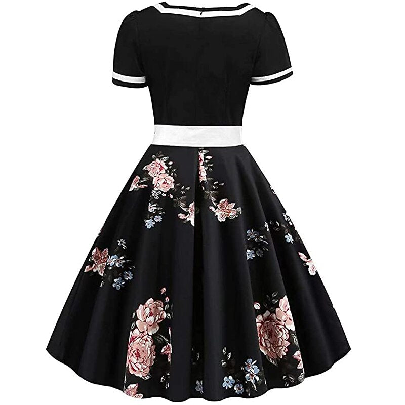 Women's 1950s Floral V-Neck Short Sleeve Swing Dress