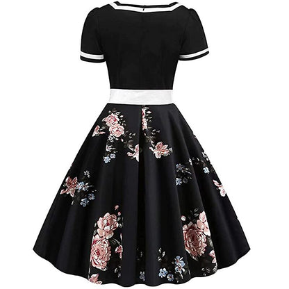 Women's 1950s Floral V-Neck Short Sleeve Swing Dress