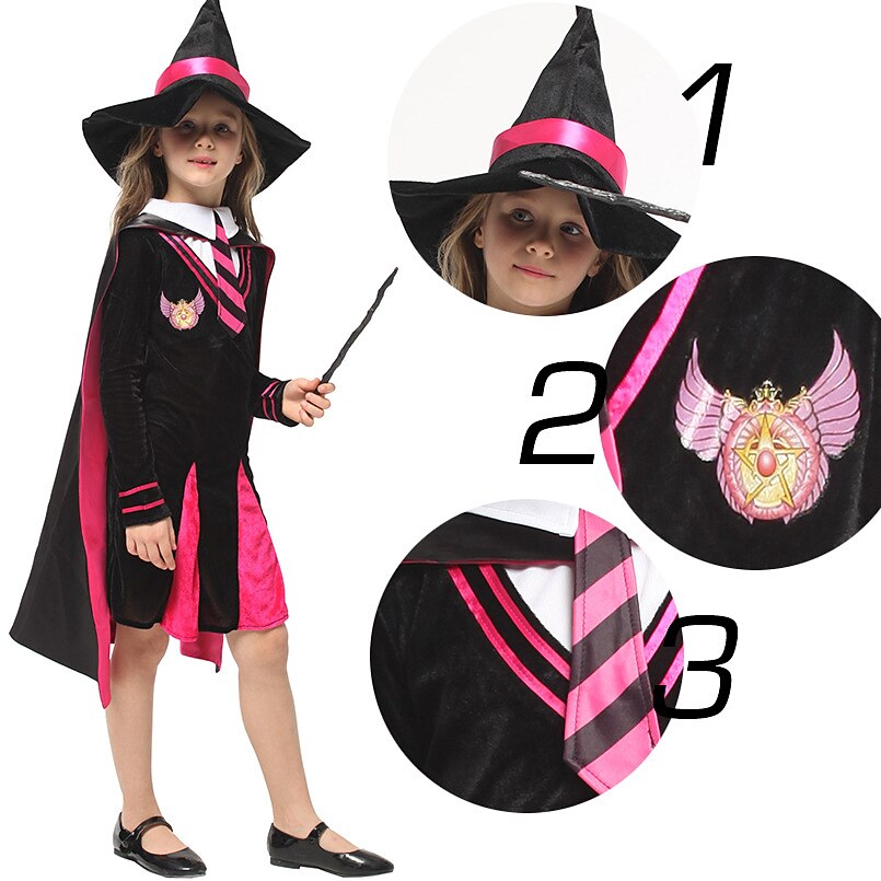 Girls Witch Costume Black Pink Dress with Hat