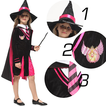 Girls Witch Costume Black Pink Dress with Hat