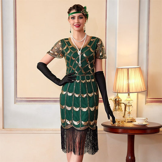 Green Sequin Pattern Flapper Dress