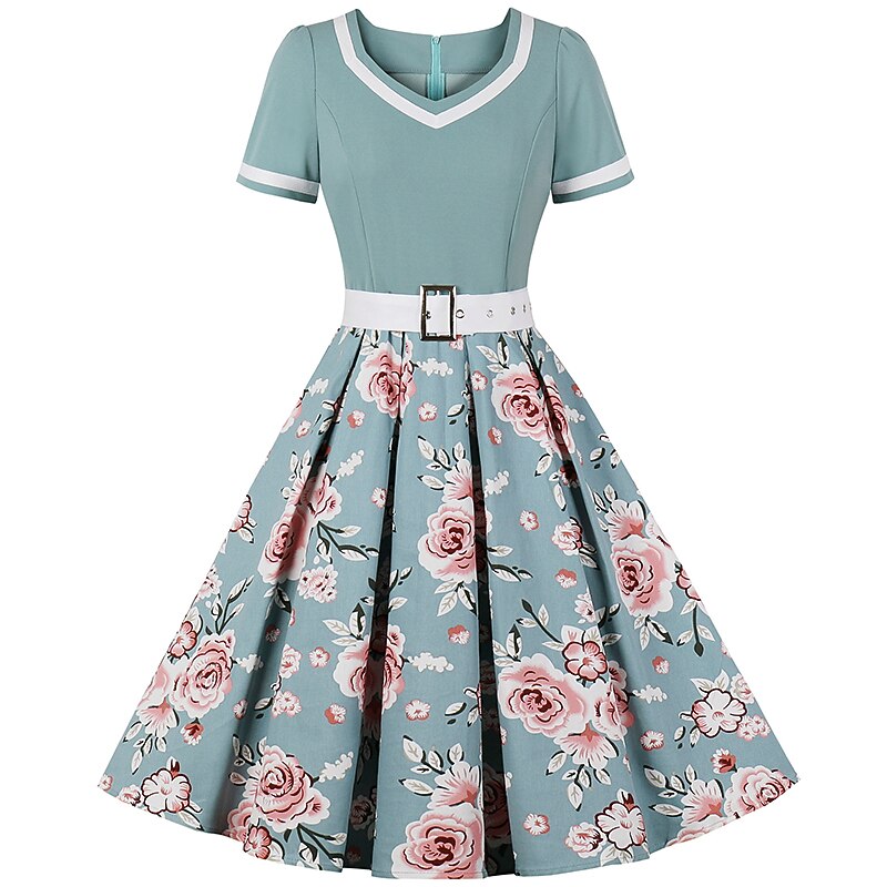 Women's 1950s Floral V-Neck Short Sleeve Swing Dress