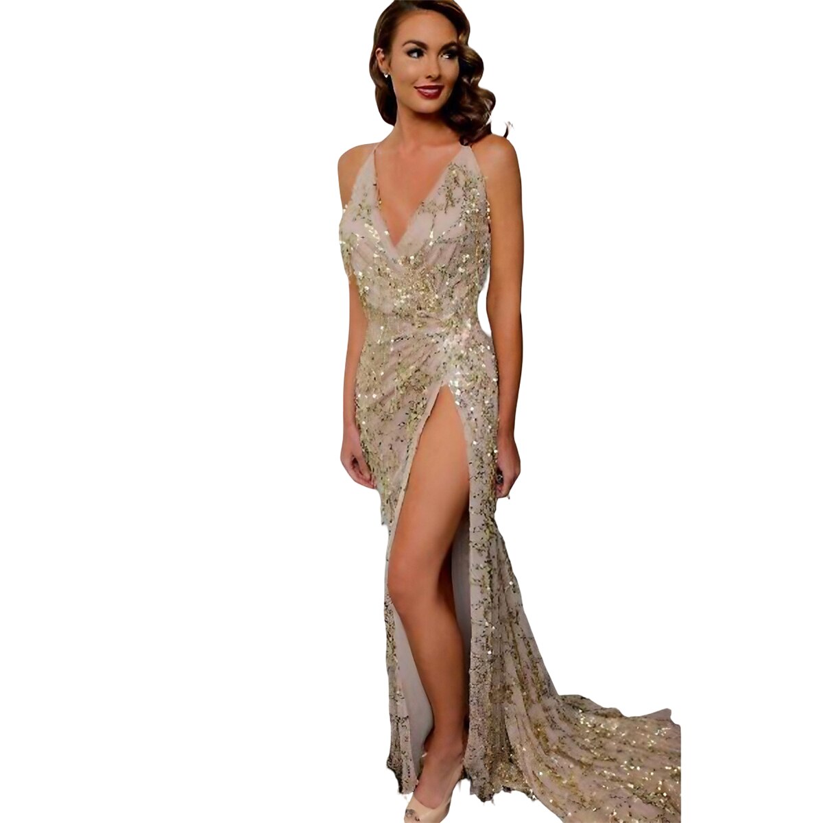 Spaghetti Strap Split Front Beaded Mesh Gown