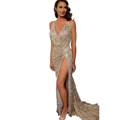 Spaghetti Strap Split Front Beaded Mesh Gown