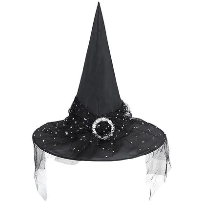 Black Witch Hat Pointed Sparkle Mesh Buckle
