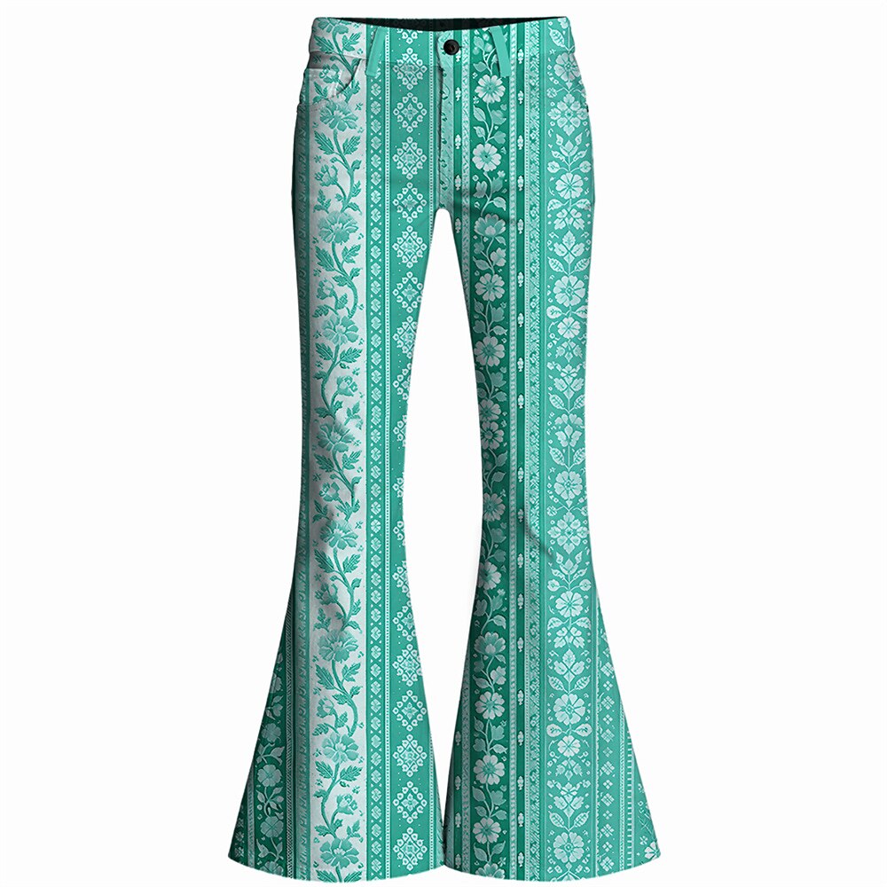 Retro 70s Ethnic Floral Striped High Waist Wide Flared Trousers