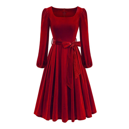 Vintage Xmas Belted A-Line Velvet Dress