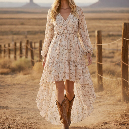 Retro 70s Bohemian Floral High-low Hem Dress
