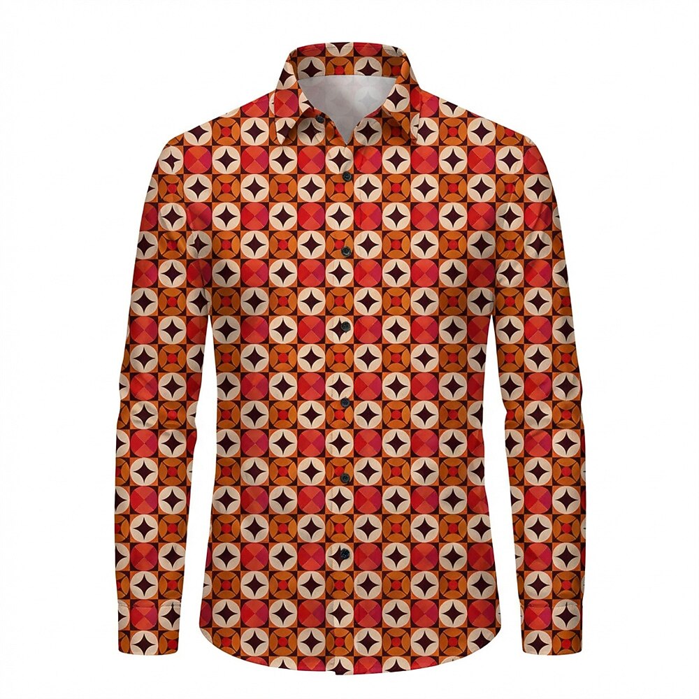 Retro 70S Vintage Geometric Circle Star Pattern Long Sleeves Collar Shirt