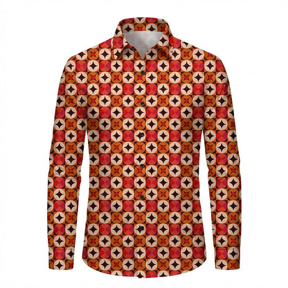 Retro 70S Vintage Geometric Circle Star Pattern Long Sleeves Collar Shirt