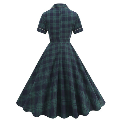 Women's 1950s Plaid Lapel Collar Swing Dress