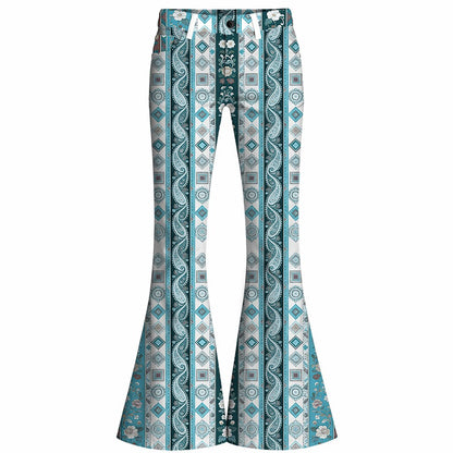 Retro 70s Paisley Geometric High Waist Wide Flared Trousers