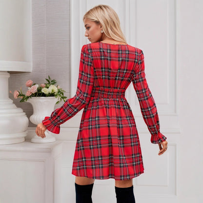 Plaid V-Neck Bow-Front Xmas Dress