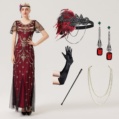Art Deco Sequin Flapper Dress with Accessories Set