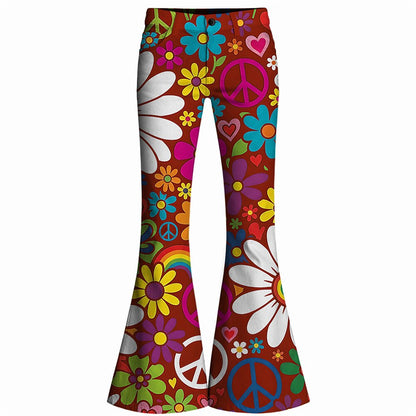 Retro 70s Peace Sign Floral Hearts High Waist Wide Flared Trousers