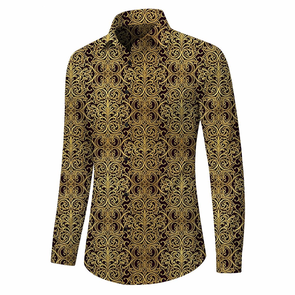 Retro 70S Vintage Ornate Baroque Pattern Long Sleeves Collar Shirt
