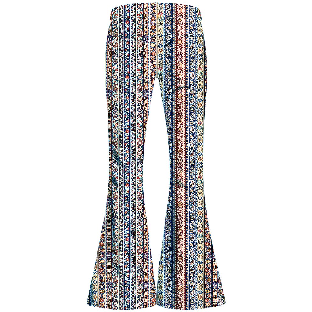 Retro 70s Boho Paisley Stripe High Waist Wide Flared Trousers