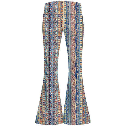 Retro 70s Boho Paisley Stripe High Waist Wide Flared Trousers