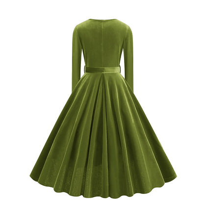 Women's 1950s Velvet V-Neck Long Sleeve Swing Dress