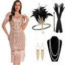 Vestido flapper con ribete de flecos y lentejuelas con set de accesorios