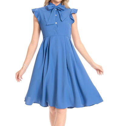 Women's 1950s Bow Tie Neck Ruffle Cap Sleeve Pleated Swing Dress