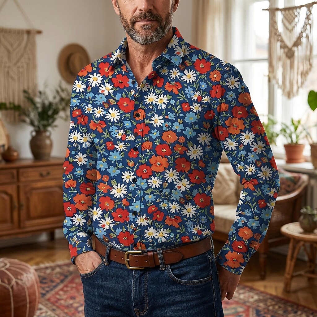 Retro 70S Vintage Floral Daisy Poppy Pattern Long Sleeves Collar Shirt