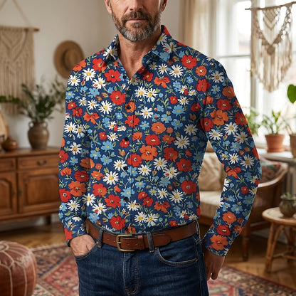 Retro 70S Vintage Floral Daisy Poppy Pattern Long Sleeves Collar Shirt