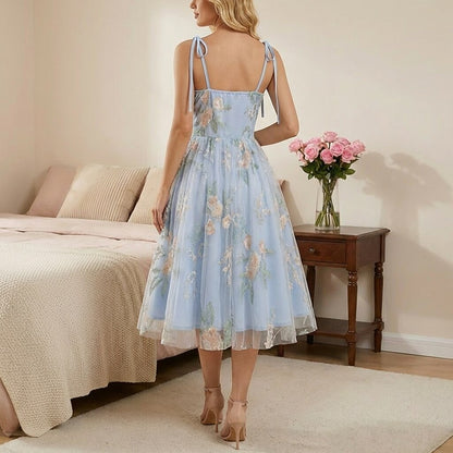 Floral Embroidered Sweetheart Midi Dress
