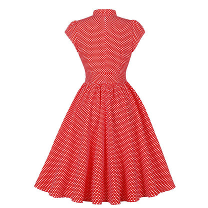 Women's 1950s Polka Dot Cap Sleeve Tie Collar Fit and Flare A-Line Dress