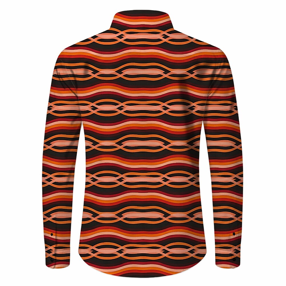 Retro 70S Wavy Geometric Stripe Pattern Long Sleeves Collar Shirt
