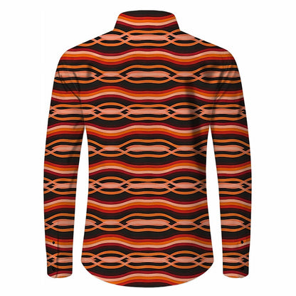 Retro 70S Wavy Geometric Stripe Pattern Long Sleeves Collar Shirt