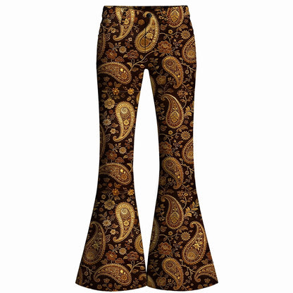 Retro 70s Paisley Print High Waist Wide Flared Trousers