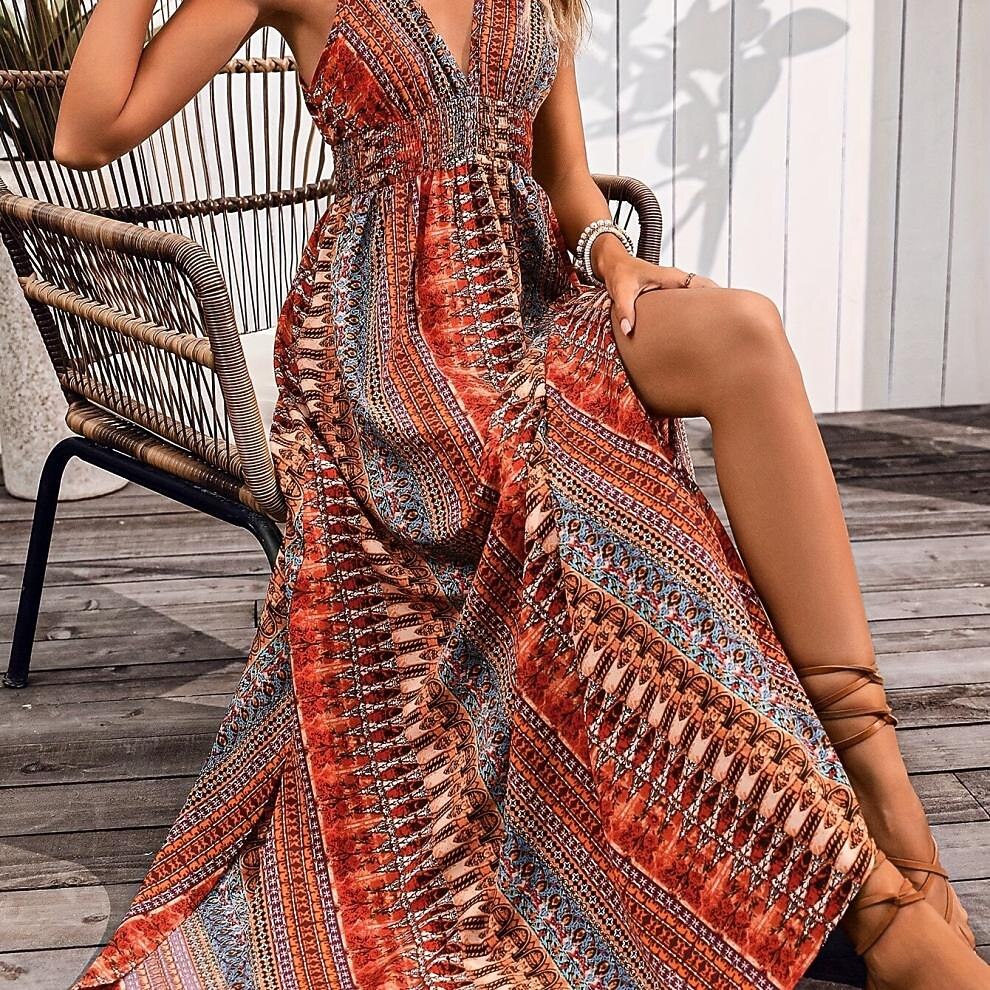 Retro 70s Bohemian Ethnic V-neck Empire Waist Flowy Maxi Dress