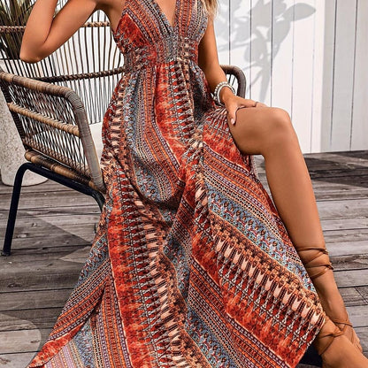 Retro 70s Bohemian Ethnic V-neck Empire Waist Flowy Maxi Dress