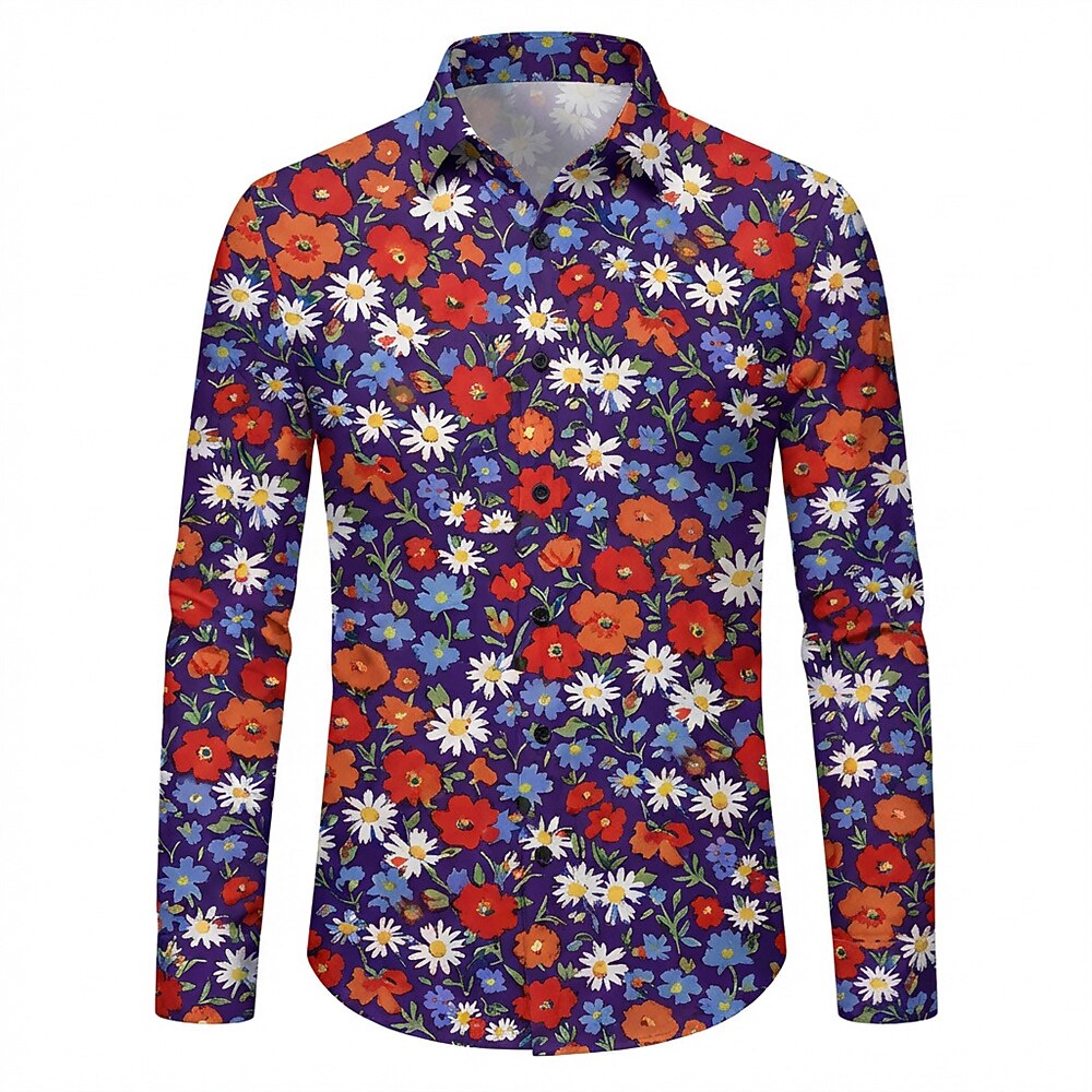 Retro 70S Vintage Floral Daisy Poppy Pattern Long Sleeves Collar Shirt