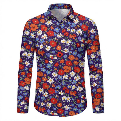 Retro 70S Vintage Floral Daisy Poppy Pattern Long Sleeves Collar Shirt