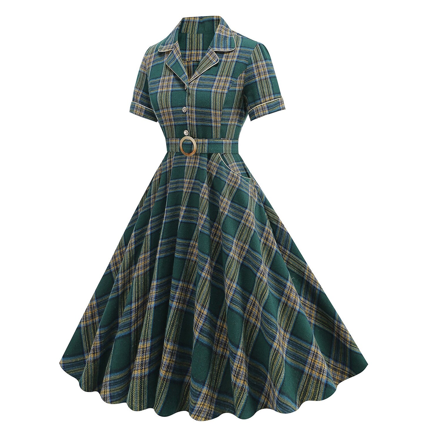 Women's 1950s Plaid Lapel Collar Swing Dress