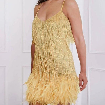 Sequin Fringe Feather Hem Cami Dress