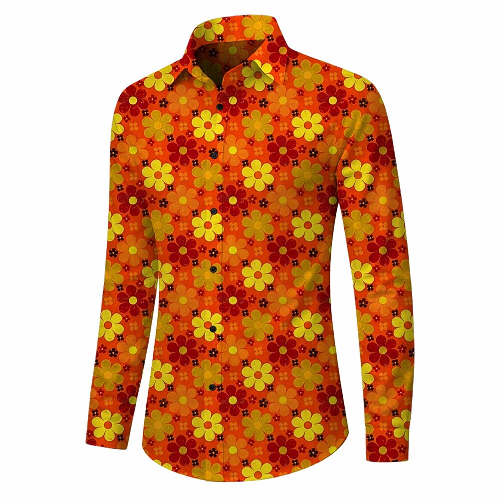 Retro 70S Groovy Floral Daisy Pattern Long Sleeves Collar Shirt