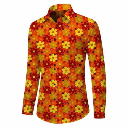 Retro 70S Groovy Floral Daisy Pattern Long Sleeves Collar Shirt