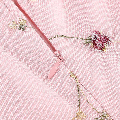 Embroidered Floral Tulle Midi Dress