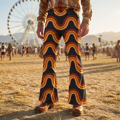 Retro 70s Wavy Orange-Red High Waist Wide Flared Trousers