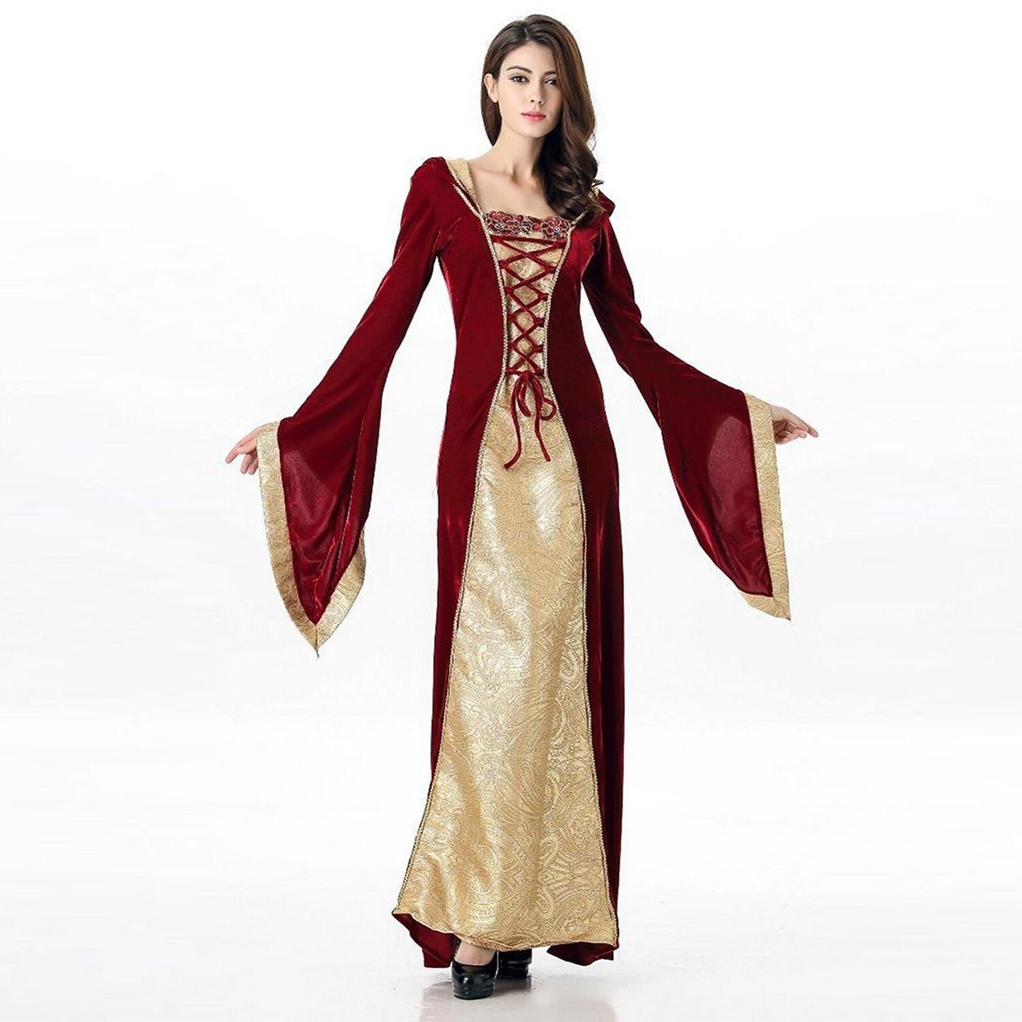 Medieval Lace-Up Hooded Velvet Gown