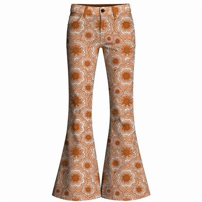 Retro 70s Geometric Floral High Waist Wide Flared Trousers